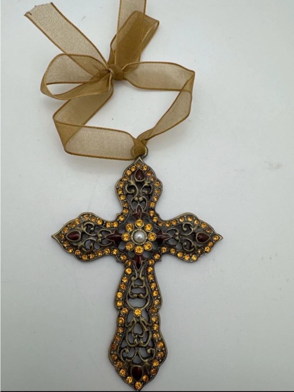 Decorative Amber Crystal Cross Ornament with Ribbon